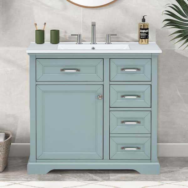 36 in. Single Sink Freestanding Gray Bath Vanity with White Ceramic Top, Adjustable Shelf, Drawer, Unassembled