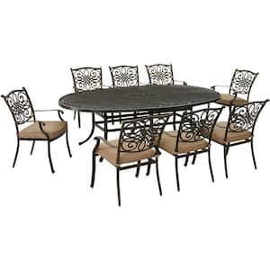 Traditions 9-Piece Aluminum Outdoor Dining Set with Tan Cushions, 8 Stationary Chairs and Oval Cast Table