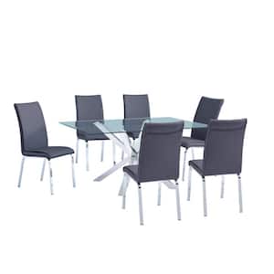 Tom 7-Piece Rectangle Stainless Steel Glass Top Dark Gray Faux Leather Chairs.