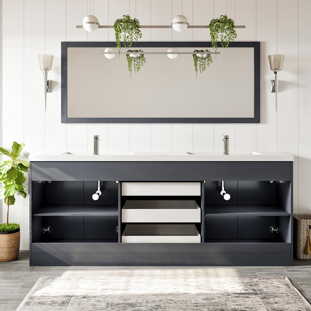 Eviva Lugano 84" Gray Modern Freestanding Double Sink Vanity with Acrylic Top