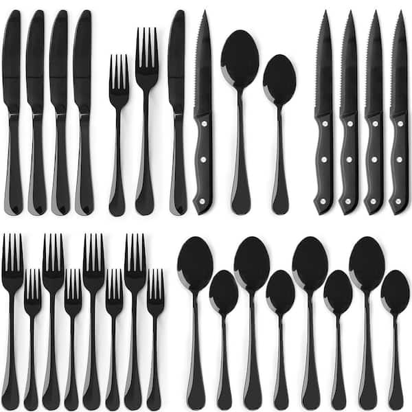 24-Piece Black Stainless Steel Silverware Set with Steak Knives Spoons and Forks Service for 4 Home Kitchen Restaurant
