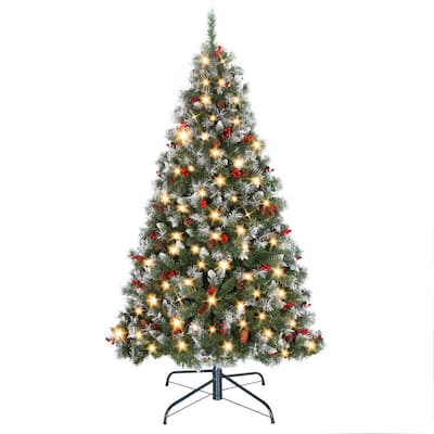 7.5 ft. Prelit Artificial Christmas Tree with Warm White LED Lights, Pine Cones, Red Berries