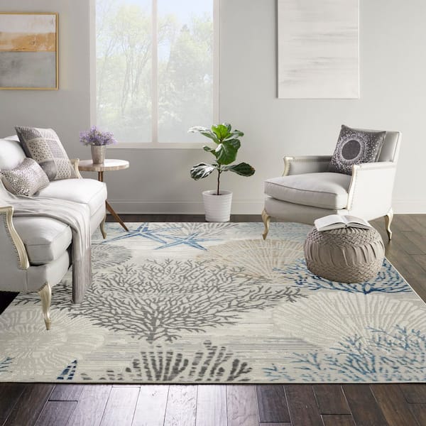 Pompeii Ivory Grey Blue 5 ft. x 5 ft. Nautical Contemporary Square Area Rug