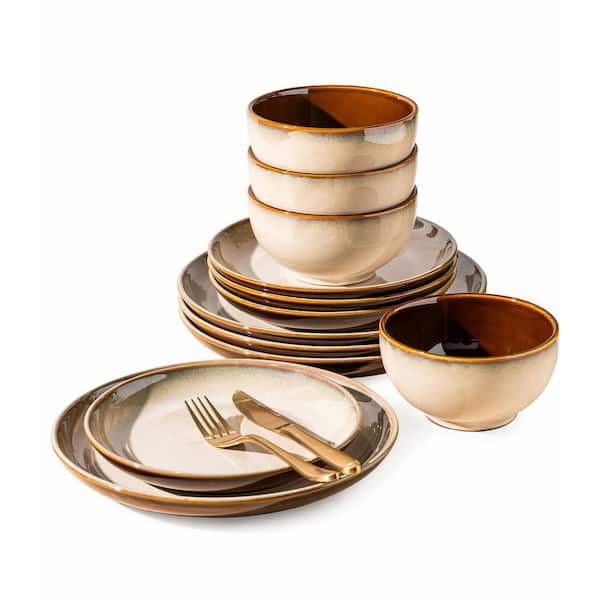 12-Piece Handcrafted Reactive Glaze Stoneware Dinnerware Set Khaki Microwave Oven Safe Service for 4