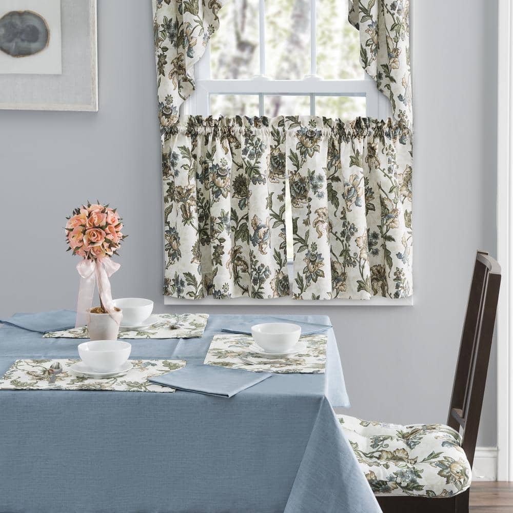 Madison Floral Blue and Natural Rod Pocket Valance