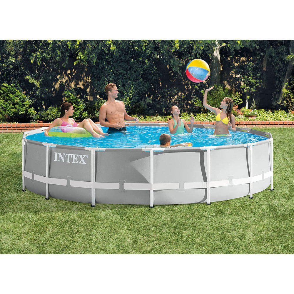 Intex 15 ft. W x 42 in. H x 42 in. D Prism Frame Above Ground Swimming Pool Set with Debris Cover, Gray -  26723EH28032E