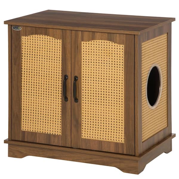 PawHut 27 in. x 20 in. x 27 in. Walnut Rattan/Wood Cat Litter Box Enclosure Hidden Cat Washroom with Cushion