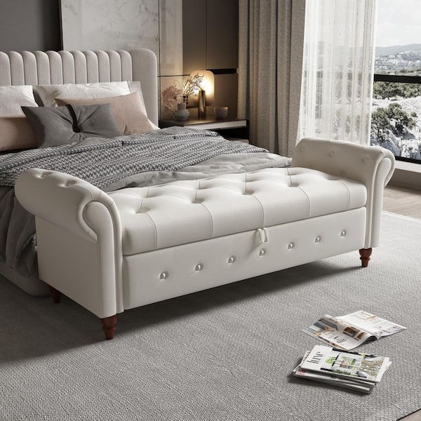 63 in. Beige No-Tool Assembly Tufted End of Bed Bench with Storage, 500 lbs. Capacity