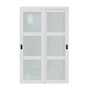 48 in. x 80 in. 3-Lite Frosted Glass White Primed MDF Interior Closet Sliding Door with Hardware and Black Handles