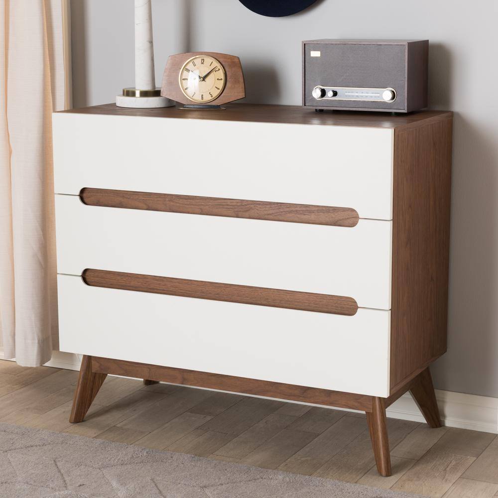 White and Walnut Mid-Century Modern 3-Drawer Chest