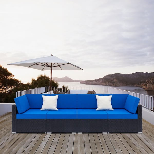 Karl home 4-Piece Black Wicker Outdoor Sectional Set with Blue Cushion