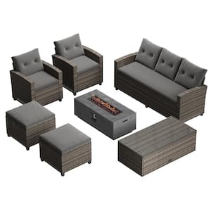 6-piece PE Rattan Wicker Outdoor Patio Dining Conversation Set Section Sofa Set with Fire Pit, Gray Cushion, Storage