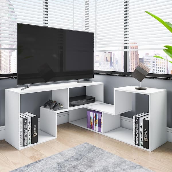 WOODYHOME 59.1 in.to 86.6 in. White Multi-functional TV Stand Fits TV's up to 60 in. With Open Layers