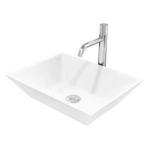 Matte Stone Vinca Composite Rectangular Vessel Bathroom Sink in White with Apollo Faucet and Pop-Up Drain in Chrome