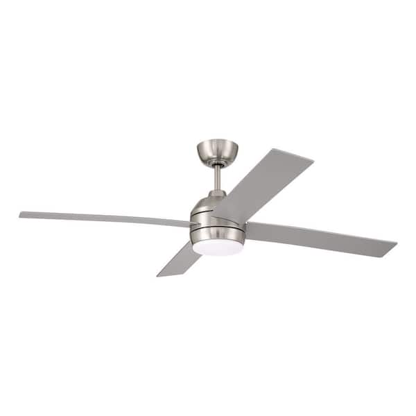 52 in. Brushed Polished Nickel; Nickel Blades Angled Mount Standard Ceiling Fan w/ Integrated LED & Control Included