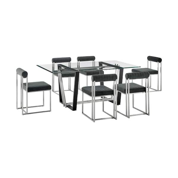 Armen Living Kai and Anastasia 7-Piece Charcoal and Glass Top Dining Set Seats 6
