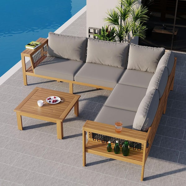 Runesay 4-Piece Outdoor Patio Acacia Wood Woven Mesh Side Table Armrests Sectional Sofa Set with Gray Cushion and Coffee Table