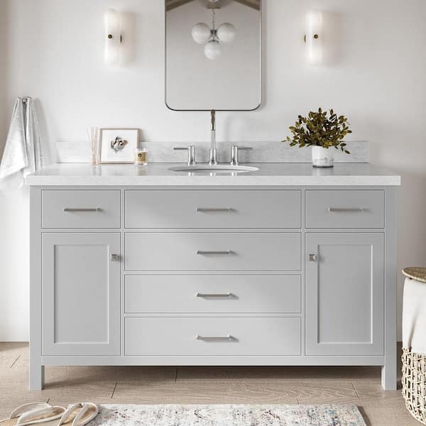 ARIEL Bristol 61 in. W x 22 in. D x 36 in. H Freestanding Bath Vanity in Grey with White Marble Top