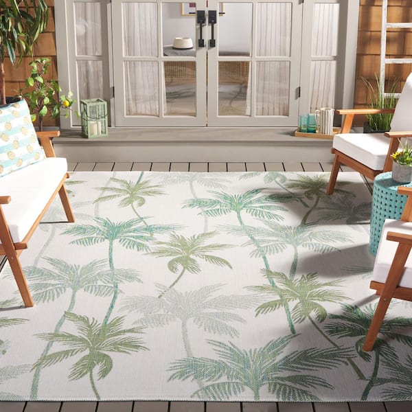 Courtyard Ivory/Green 7 ft. x 7 ft. Botanical Palm Leaf Indoor/Outdoor Square Area Rug