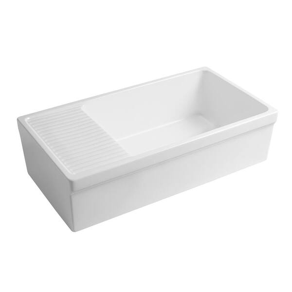 Quatro Alcove Reversible Series Farmhaus Farmhouse Apron Front Fireclay 36 in. Single Bowl Kitchen Sink in White Quatro Alcove Reversible Series Farmhaus Farmhouse Apron Front Fireclay 36 in. Single Bowl Kitchen Sink in White