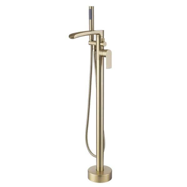 2-Handle Freestanding Tub Faucet Floor Mounted Bathtub Filler Faucet with Hand Shower in Brushed Gold
