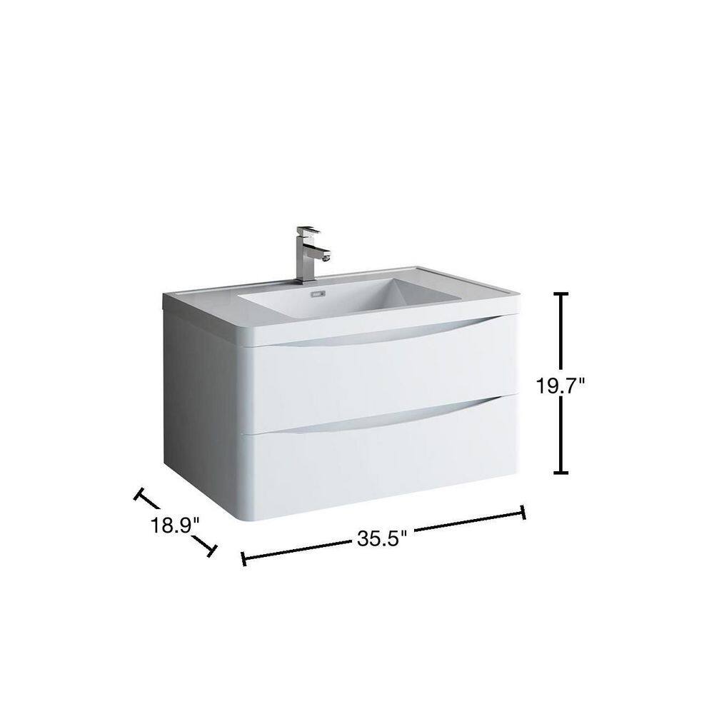 Glossy White 36" Wall Mount Bathroom Vanity with Integrated Sink