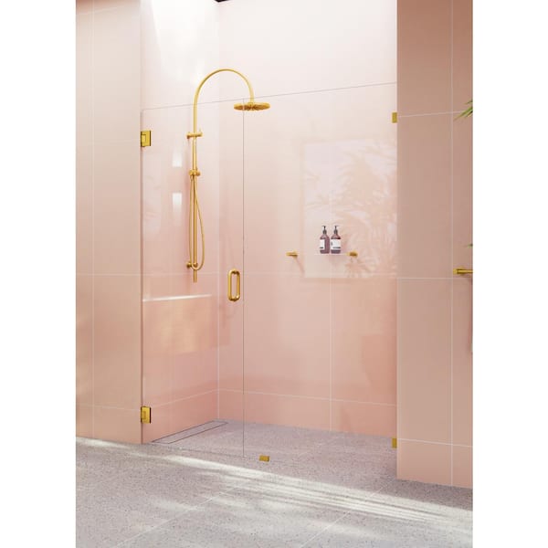 Illume 58.5 in. W x 78 in. H Wall Hinged Frameless Shower Door in Satin Brass Finish with Clear Glass