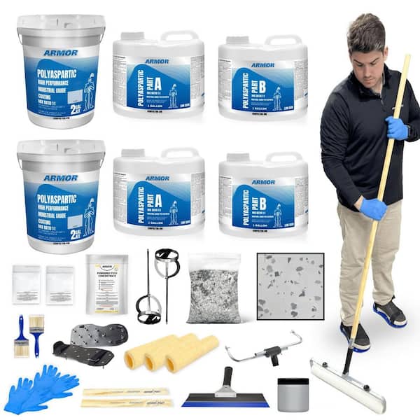 4 Gallon Gray Gloss 2 Part Epoxy Polyaspartic Interior/Exterior Concrete Basement & Garage Roller Squeegee Floor Paint