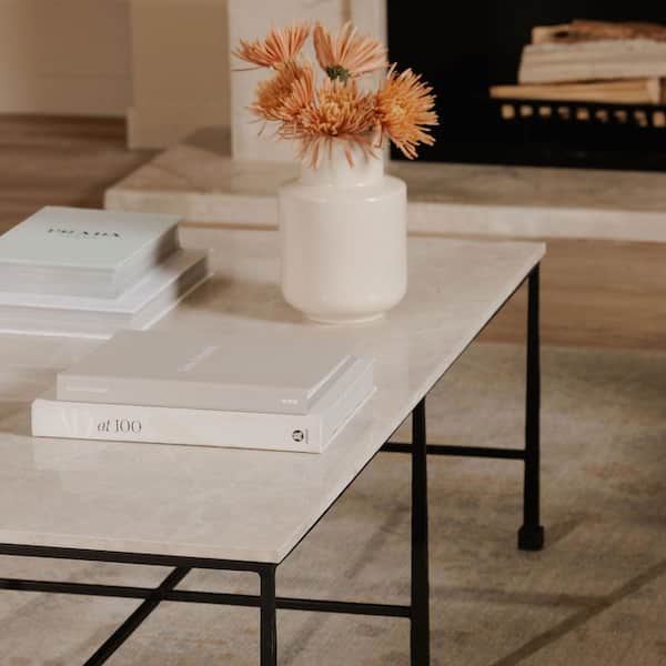 Tylienne 52 in. Beige Rectangle Botticino Marble Coffee Table with Hammered Blackened Iron Base
