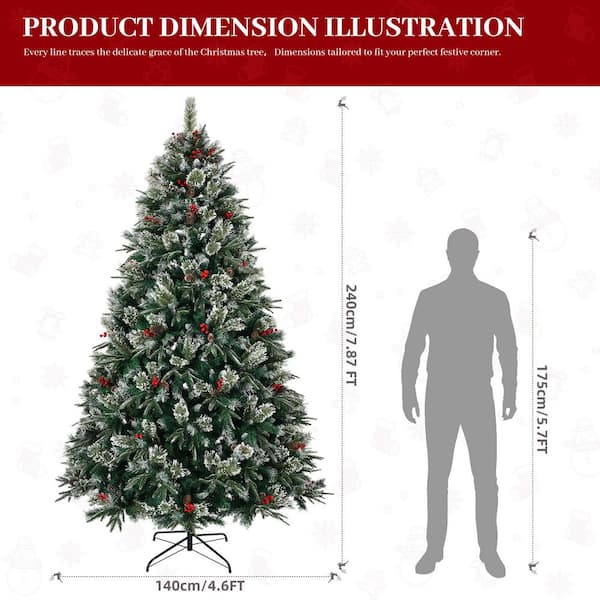 8 ft. Green PVC Pre-Decorated Snow Frosted Artificial Christmas Tree with 1550 Branches Tips, Pinecones, Berries