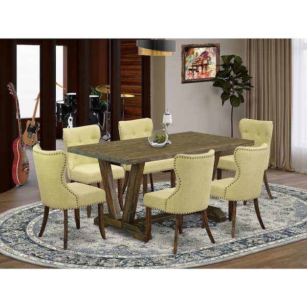 East West Furniture 7-Piece Rectangle Distressed Jacobean Finish Solid Wood Top Dining Table with 6 Parson-Chairs with Lattice Back