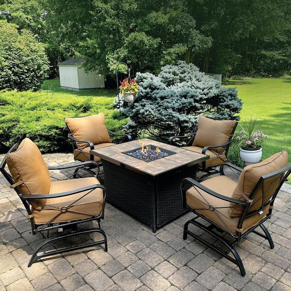 Hanover Summer Nights 5-Piece Metal Patio Fire Pit Set with Terracotta Cushions