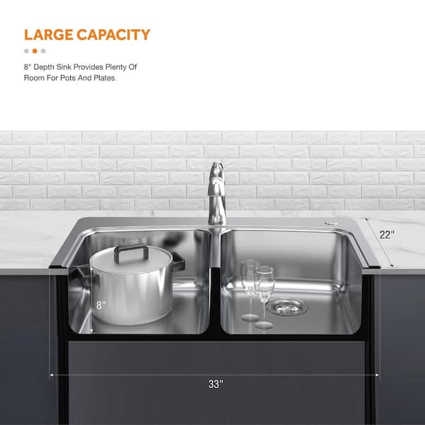 Serene Valley DDG3322R 33 in. Double Bowl Drop-In or Undermount Kitchen Sink with Thin Divider Faucet Drillings: 2 Hole