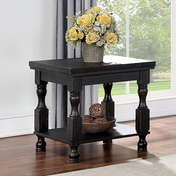 Furniture of America Heavenly 24 in. Antique Black Square Wood End Table with Shelf