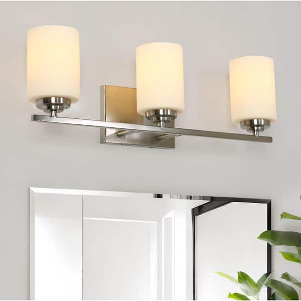Classic 23 in. 3-Light Brushed Nickel Bath Vanity Light with White Frosted Glass, Powder Room Wall Light, LED Compatible