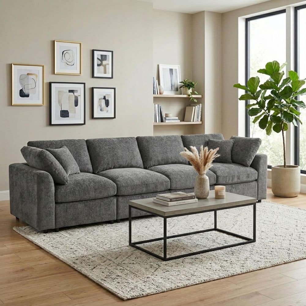 Modern 130.3 in. Chenille Upholstered Rectangle 4-Seater Sectional Sofa in Grey with Pillows