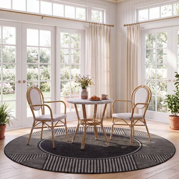 Beach House 7 ft. x 7 ft. Black/Gray Border Round Rug