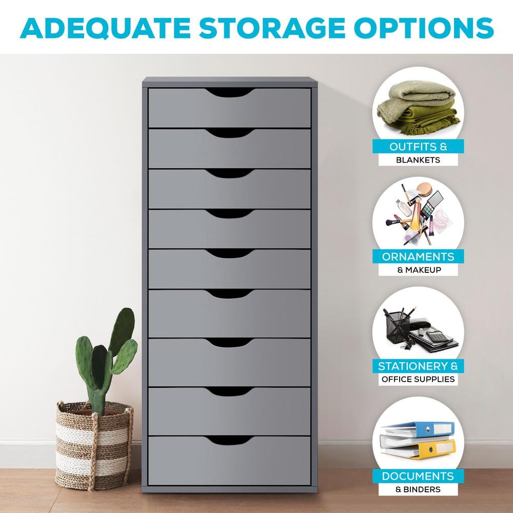 Gray Vertical Freestanding 9-Drawer Storage Cabinet