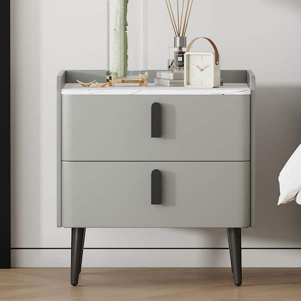 Gray 2 Drawers PU Nightstand with Modern Marble-Pattern Tabletop