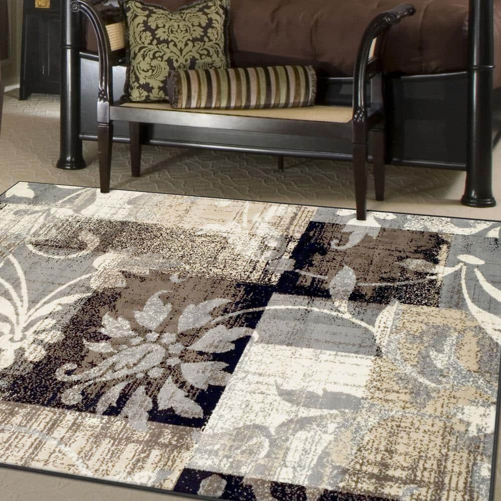 Beige Floral Patchwork Low Pile Area Rug, 6' x 9'
