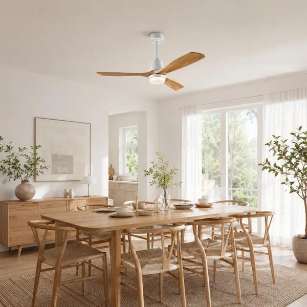 52 in. LED Indoor Modern Style Downrod White Oak Ceiling Fan with Light Kit, Downrod, Solid Wood Fan Blade