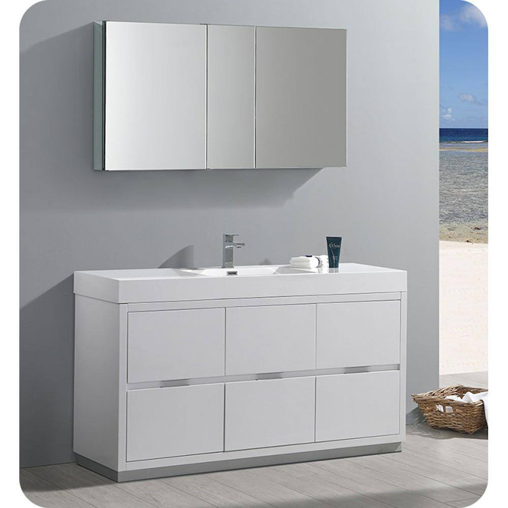 Glossy White 60" Modern Freestanding Vanity with Man-Made Stone Top