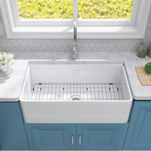 Getpro Fireclay White 36 in. Single Bowl Farmhouse Apron Front Kitchen Sink with Protective Bottom Grid and Strainer