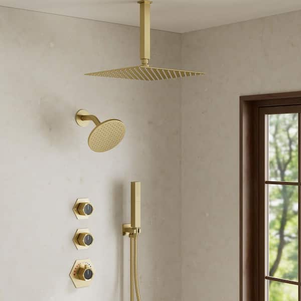 YAWWALK Thermostatic Valve 5-Spray 12 and 6 in. Shower Faucet with 2-Function Handheld Shower in Brushed Gold