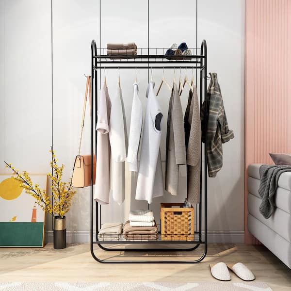 Black Garment Coat Rack Freestanding Hanger Double Rods 2 Tiers Metal Bedroom Clothing Rack With 4 Hanger Hooks