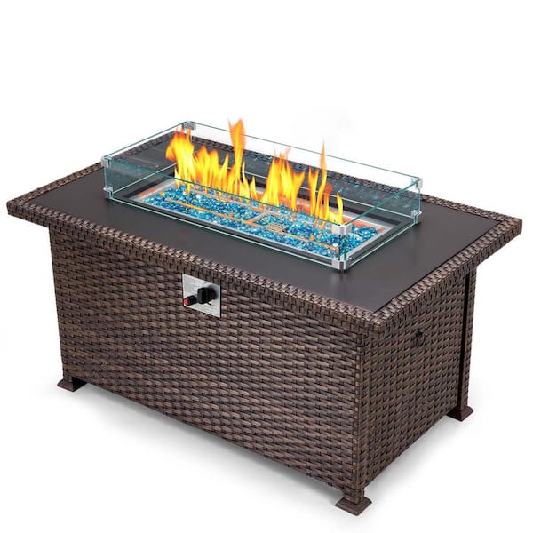 Sudzendf 44 in. 50,000 BTU Brown Auto-Ignition Gas Outdoor Fire Pit Table with Glass Wind Guard