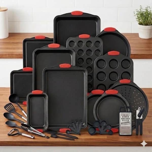 Baking Pan Set-Nonstick Carbon Steel with Red Silicone Handles, Oven Safe Tray (Up To 450° F) Set of 25-Black