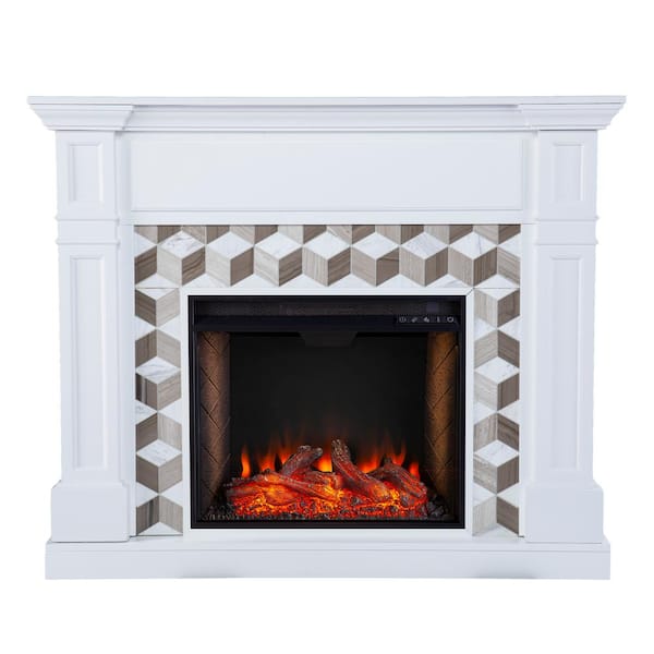 Southern Enterprises Banton 48 in. Alexa-Enabled Electric Smart Fireplace in White with Brown Marble