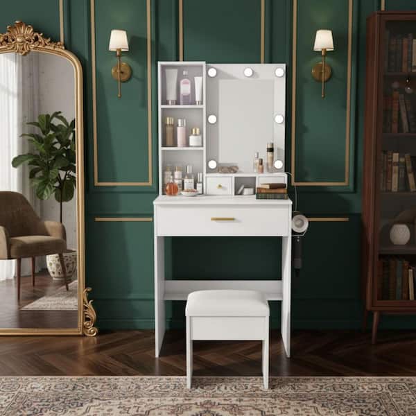 TRIE Makeup Vanity Set with Stool 3-Color LED Mirror Power Outlets Hair Dryer Holder Drawer and Shelves in Ivory White