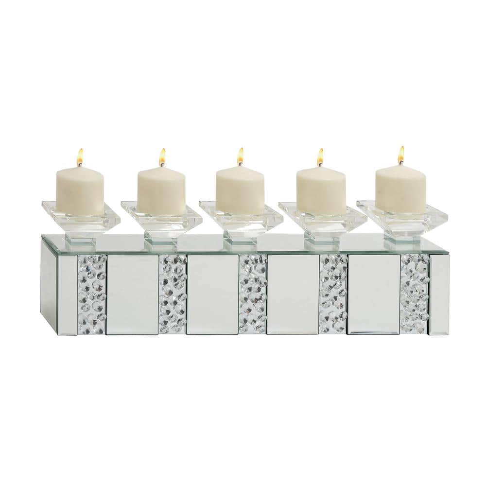 Elegant Silver Glass 24" Pillar Candelabra with Mirrored Accents